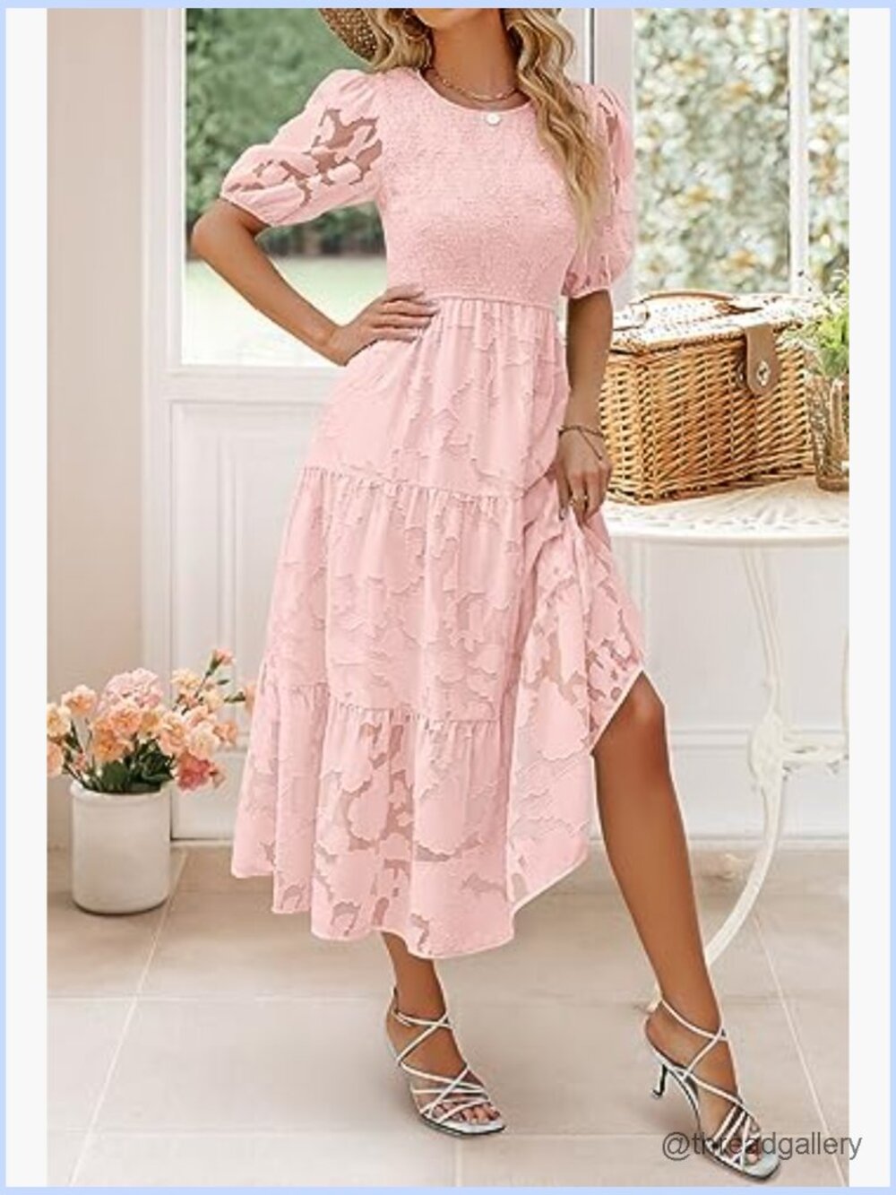 Puff Sleeve Smocked Floral Lace Tiered Maxi Dress - Picture 3 of 7